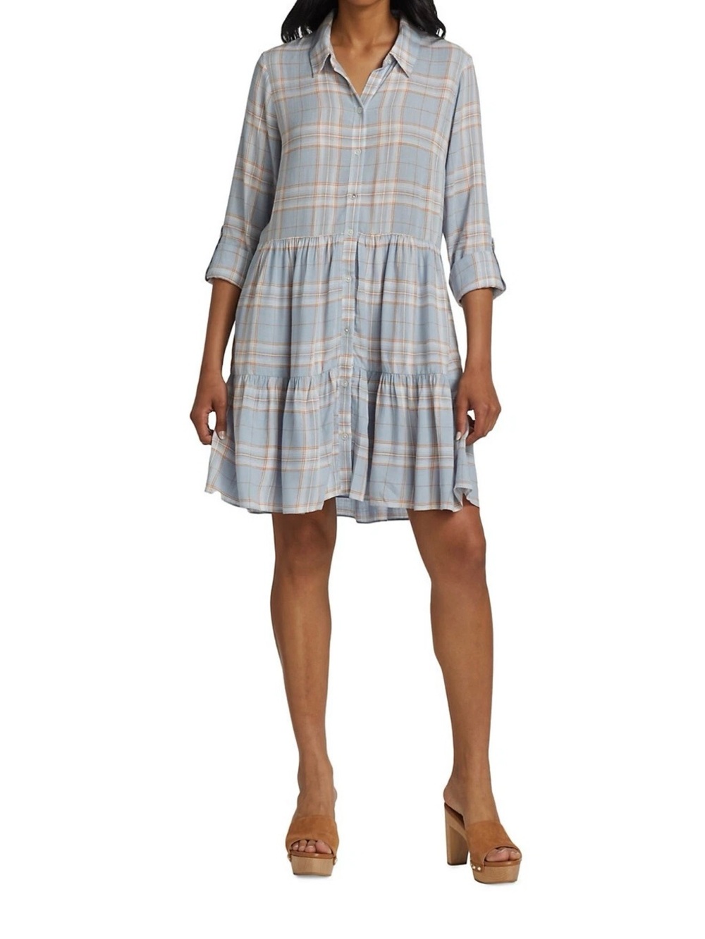 Veronica Beard Jemila Blue Plaid Tiered Button Front Shirt Dress